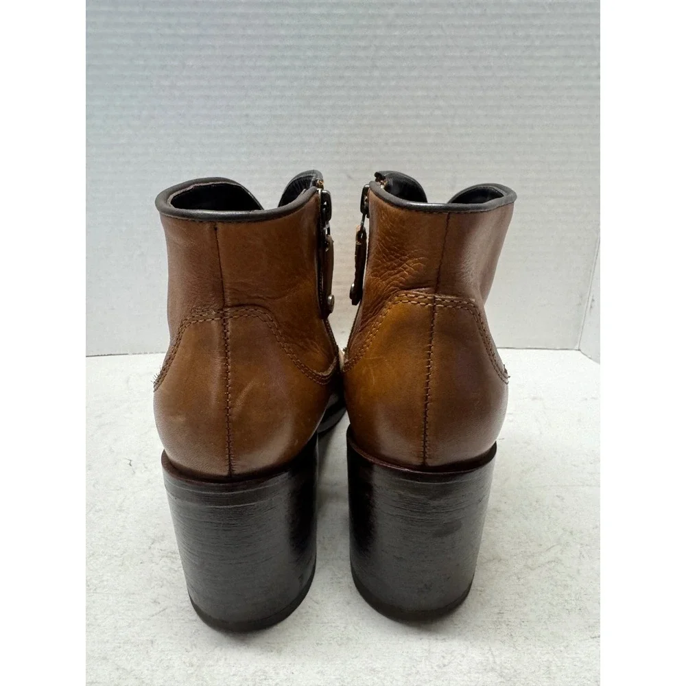 Bosi Tan Brown Leather Ankle Boots Stacked Block Heel Western Booties 38 7.5